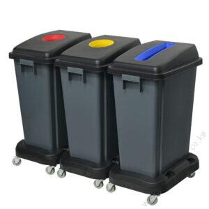 Dolly Bin Kit: 3 Gray Bins - 3 Dollies - 1 Blue, 1 Red, 1 Yellow Lid