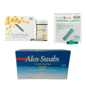 50 Comfys Gmate Blood Sugar Test Strips + 100 Needles + 100 Alco Swabs